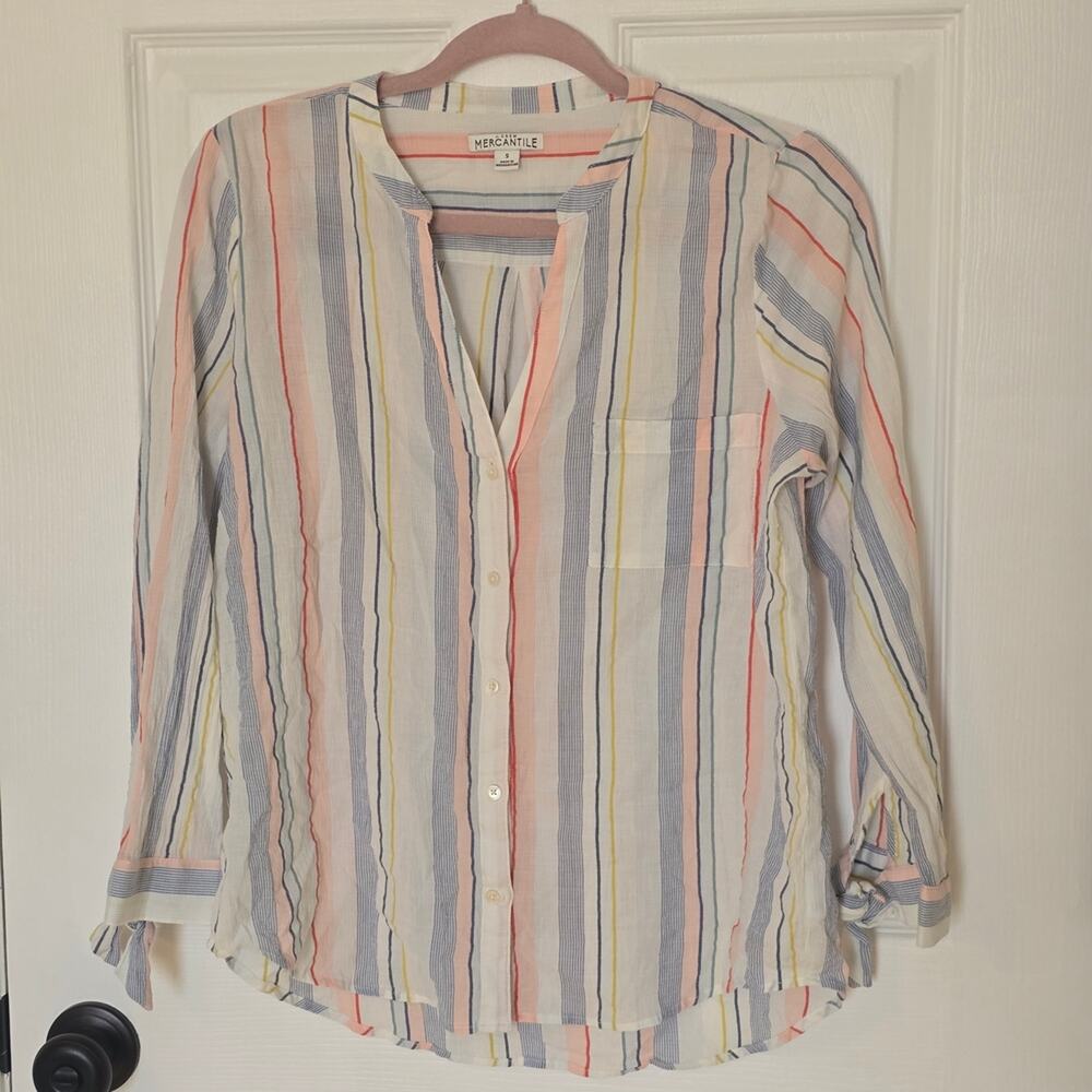 J Crew Mercantile Women's Tie-Sleeve Striped Collarless Button Down Shirt S